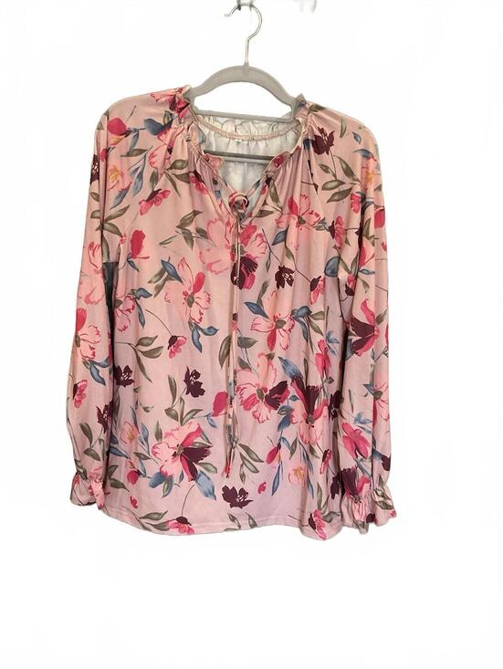 Tops - Womens Pink / Floral Long Sleeve Tie/ruffle Neck Blouse Size Small